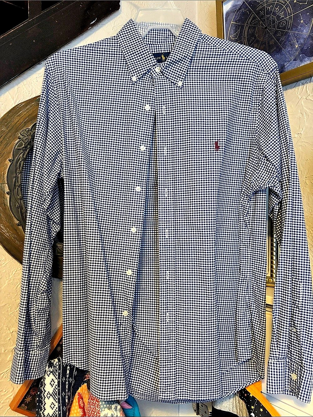 Ralph Lauren Slim Fit Stretch Oxford Gingham Button Down Blue & White Large Like